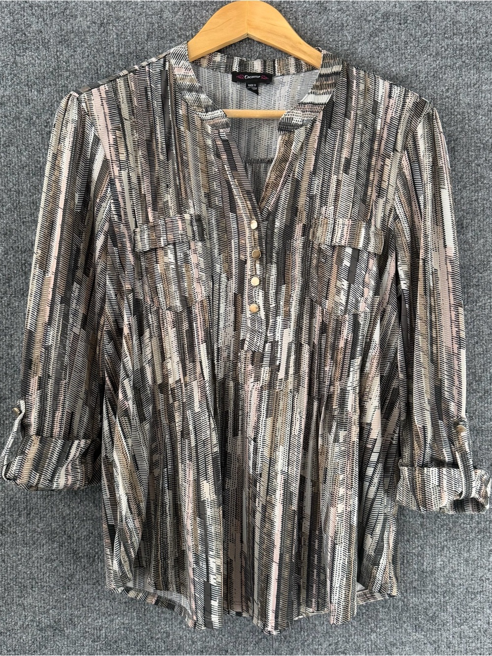 Cocomo Womens 3/4 Sleeve Printed Striped Top Size Large Office Career Stretch